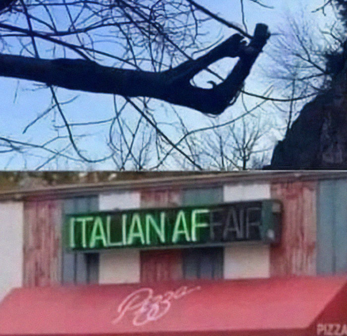 Branch shaped like a hand making an OK sign above a building sign that reads Italian Affair in a humorous food meme.