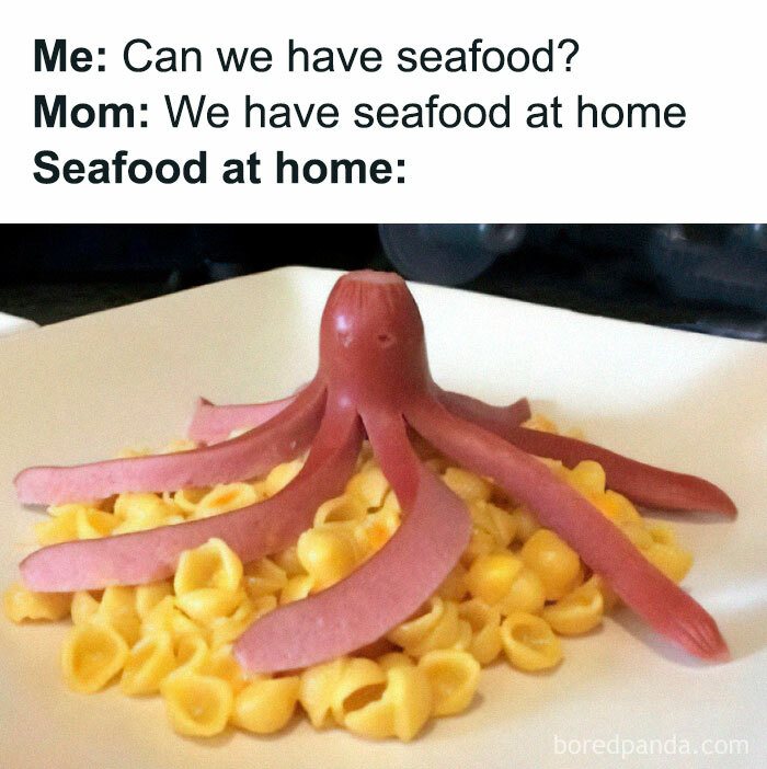 Meme showing seafood at home as a hot dog cut to look like an octopus on a plate of pasta, a stupid food meme for laughs.