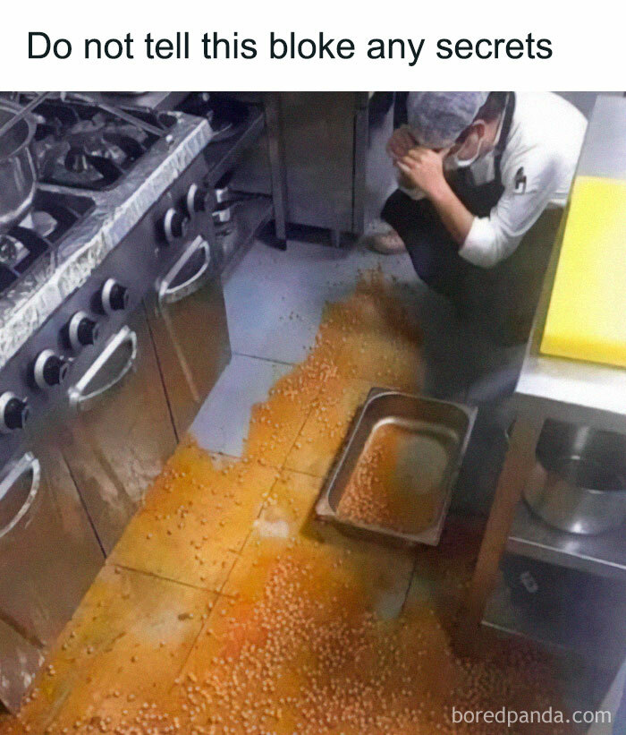 Man in kitchen upset over spilled food on floor, illustrating stupid food memes for stupid people humor and chaos.