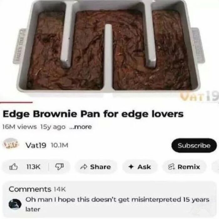 Edge brownie pan filled with baked batter, designed for people who love the crispy edge pieces of brownies, funny food meme concept.