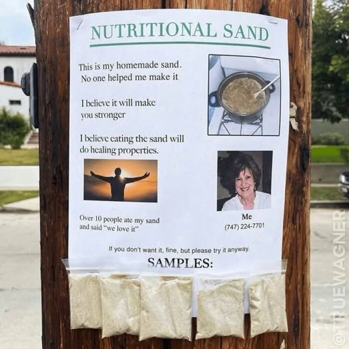 Flyer on a pole humorously advertising homemade nutritional sand with sample packets, fitting stupid food memes content.