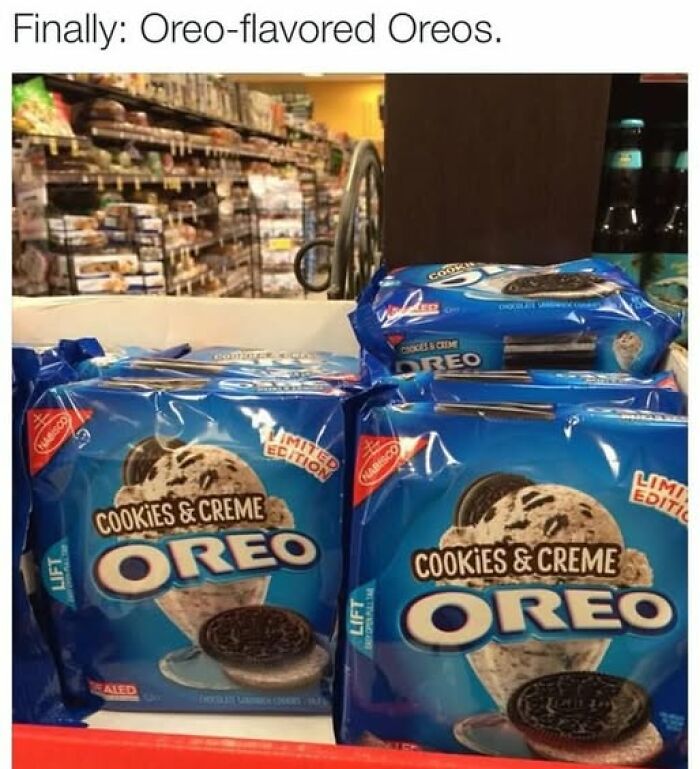 Packages of limited edition Oreo cookies with cookies and creme flavor displayed on a store shelf in a food meme format.