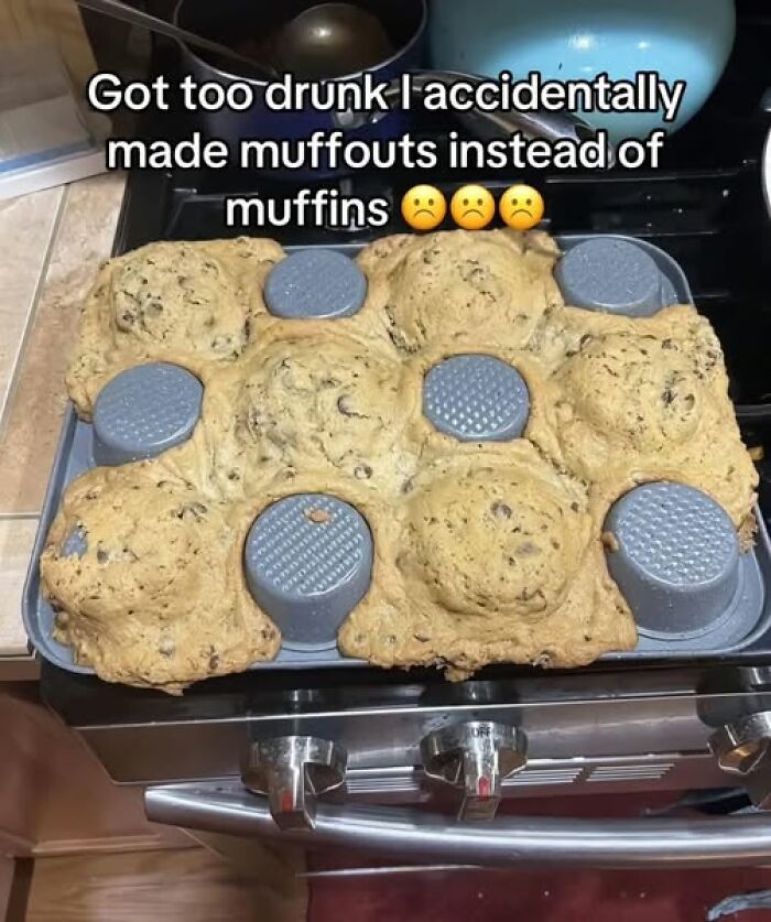 Overbaked muffins overflow muffin tin, creating a humorous and unappetizing food meme for stupid people.