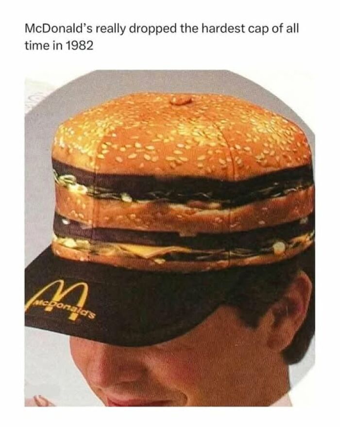 Man wearing a McDonald's burger hat meme, an example of stupid food memes for stupid people humor.