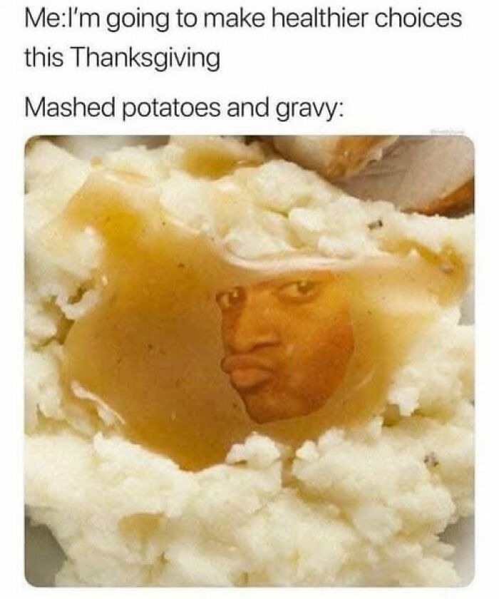Mashed potatoes with gravy showing a skeptical face, humorously representing stupid food memes for stupid people.