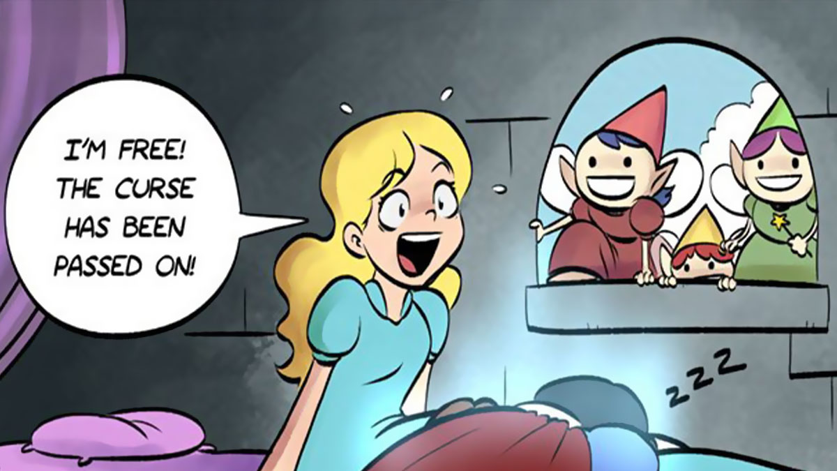 Funny Port Sherry comic featuring a surprised girl and three playful elves with a magical curse twist.