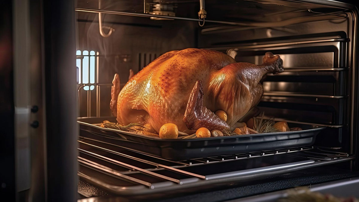 Roasted Thanksgiving turkey cooking in oven with vegetables, representing traditional holiday food debates.