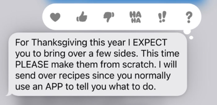 Text message from MIL demanding homemade Thanksgiving sides and criticizing the use of an app, showcasing unhinged texts from MILs.