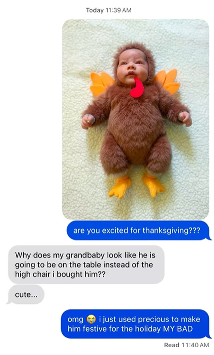 Text message screenshot showing unhinged texts from mother-in-law about a baby dressed in a turkey costume for Thanksgiving.