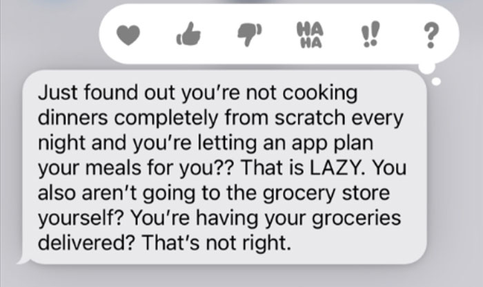 Unhinged text from a MIL criticizing meal planning apps and grocery delivery, showcasing extreme in-law behavior.