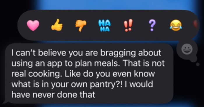 Text message from a MIL criticizing meal planning app use, showcasing unhinged texts from MILs that prompt blocking.