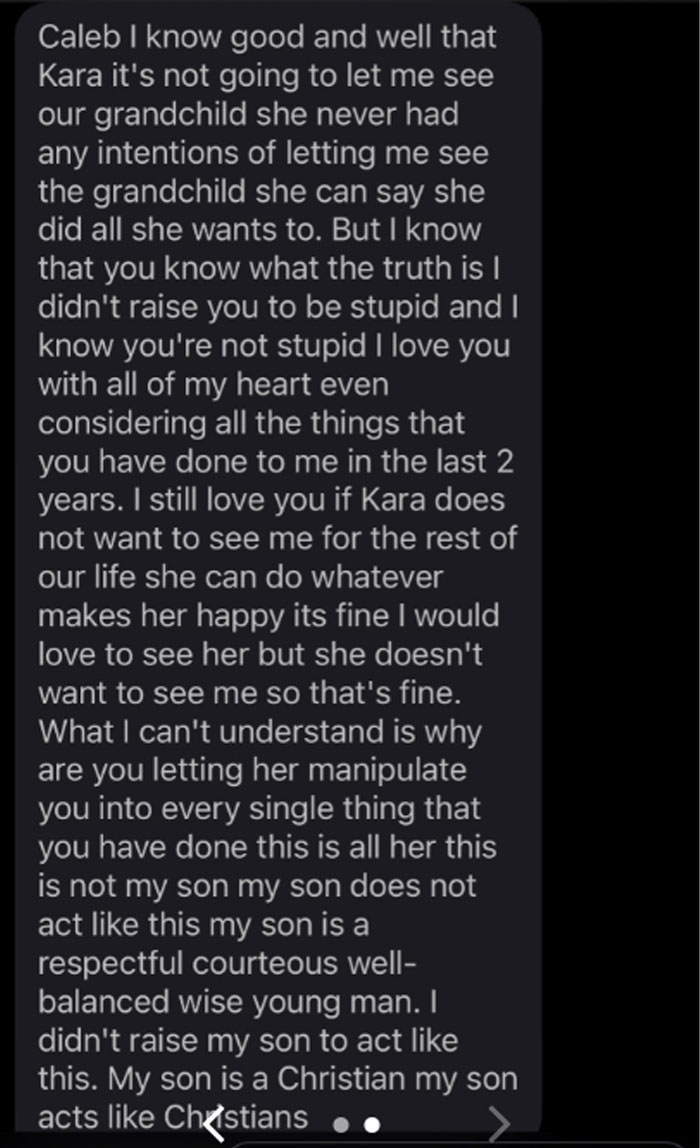 Text message from a MIL accusing her son’s partner of manipulation, showing unhinged texts from MILs.