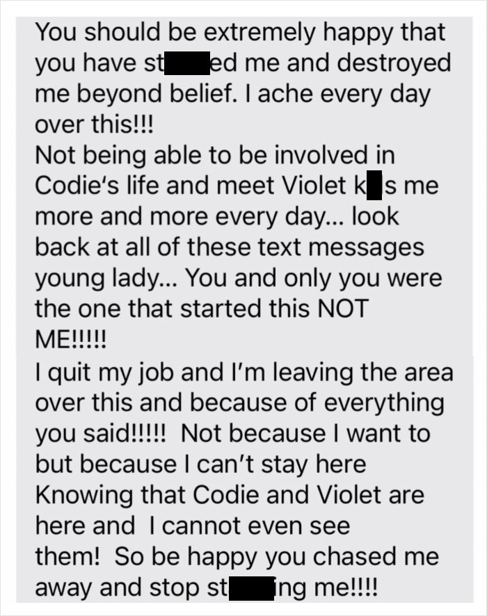 Text message from a MIL expressing anger and emotional distress, part of unhinged texts that led to blocking.