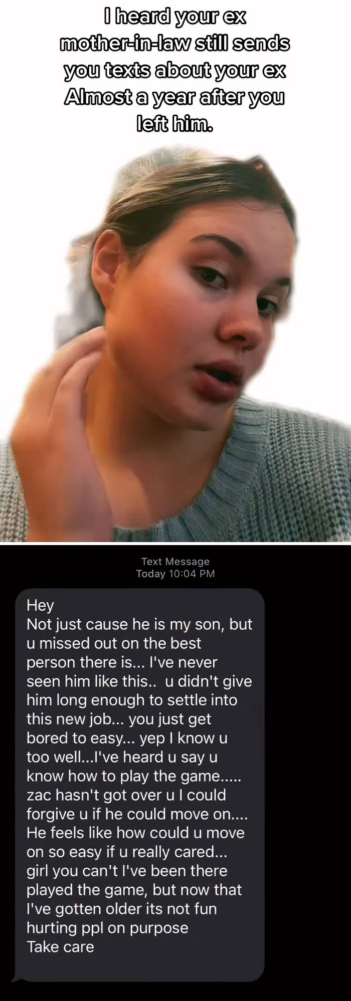 Woman reacting to unhinged text message from mother-in-law about an ex, showcasing tense MIL texts blocking moment.