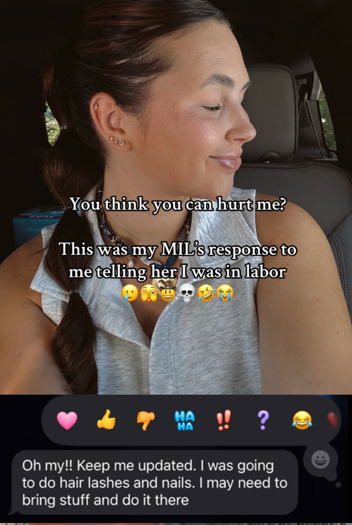 Woman smiling in car with text about unhinged MIL response during labor, highlighting awkward mother-in-law texts.