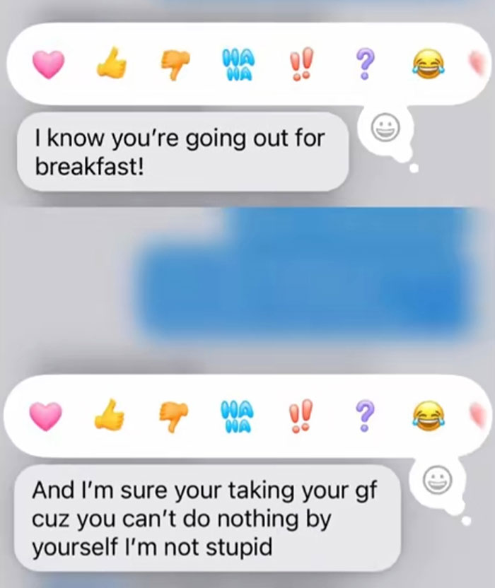 Screenshot of unhinged MIL text messages showing controlling and accusatory behavior in a confrontational tone.