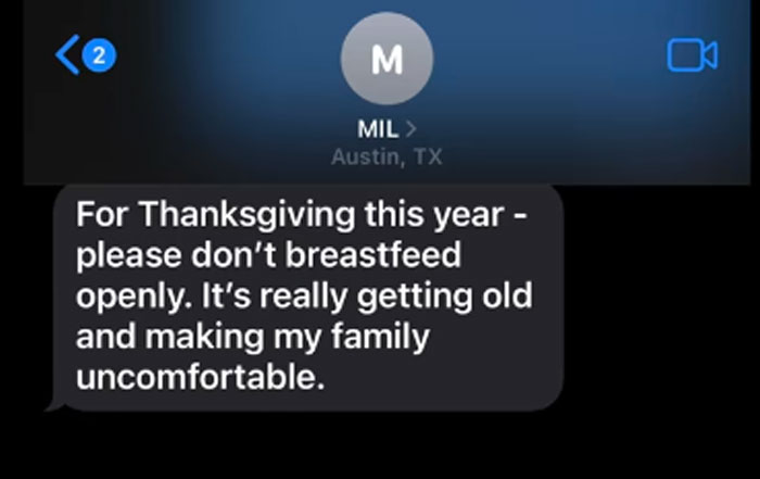 Text message from MIL asking not to breastfeed openly at Thanksgiving to avoid making family uncomfortable.