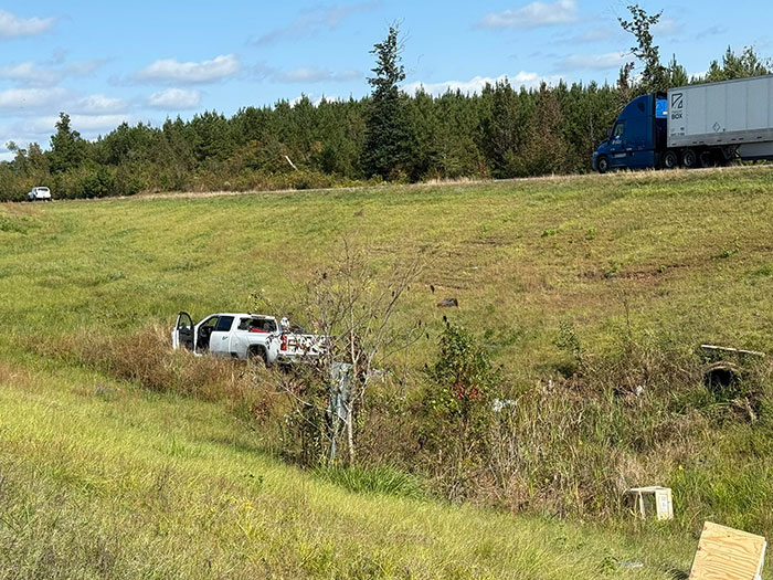 White pickup truck stopped in grassy ditch near highway with forest backdrop during heated debate online over escaped research monkey incident. White pickup truck stopped in grassy ditch near highway with forest backdrop during heated debate online over escaped research monkey incident.