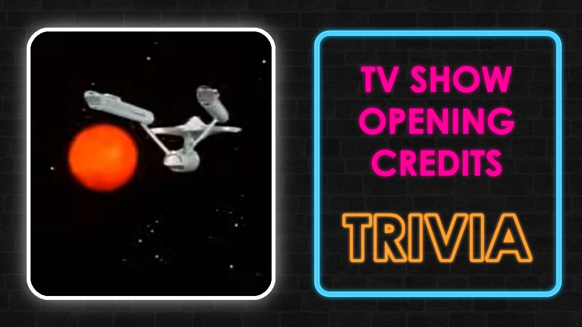 Starship against a red planet with neon text reading TV show opening credits trivia on a dark brick background.