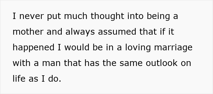 Text about a woman reflecting on motherhood and assumptions about a loving marriage with a partner sharing her outlook on life.