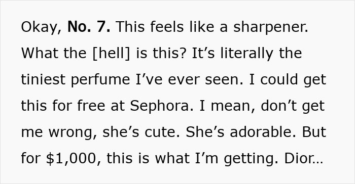 Text excerpt criticizing Dior’s $1,000 advent calendar perfume, calling it tiny and unimpressive despite the high price. Text excerpt criticizing Dior’s $1,000 advent calendar perfume, calling it tiny and unimpressive despite the high price.