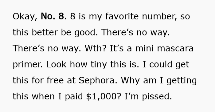 Text critique expressing disappointment with a mini mascara primer in a Dior advent calendar sold for $1,000. Text critique expressing disappointment with a mini mascara primer in a Dior advent calendar sold for $1,000.