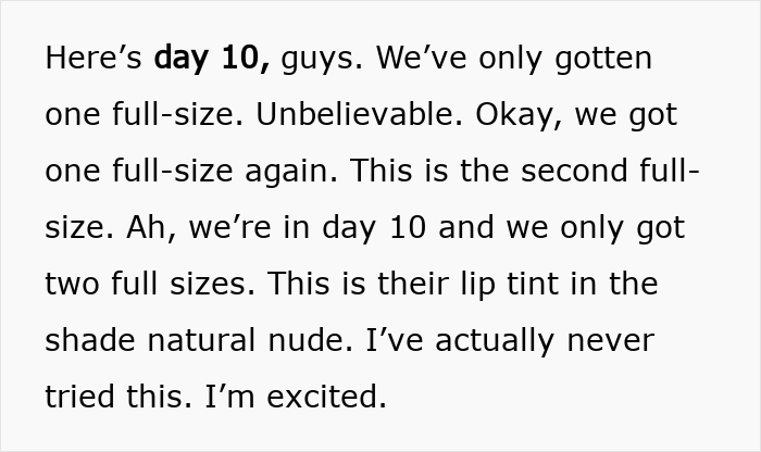 Text discussing day 10 of the Dior advent calendar with lip tint in natural n**e, reflecting audience reactions and impressions. Text discussing day 10 of the Dior advent calendar with lip tint in natural n**e, reflecting audience reactions and impressions.