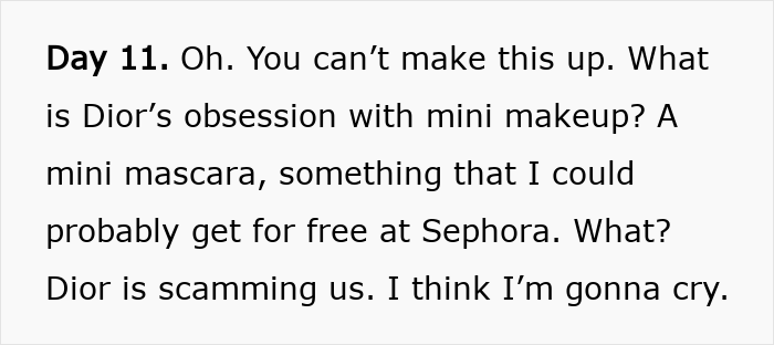 Alt text: Text criticizing Dior’s $1,000 advent calendar featuring mini makeup items, calling it a scam and expressing disappointment. Alt text: Text criticizing Dior’s $1,000 advent calendar featuring mini makeup items, calling it a scam and expressing disappointment.