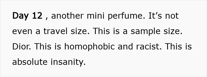 Text revealing Day 12 of Dior advent calendar with a mini perfume sample and user backlash over the $1,000 price. Text revealing Day 12 of Dior advent calendar with a mini perfume sample and user backlash over the $1,000 price.