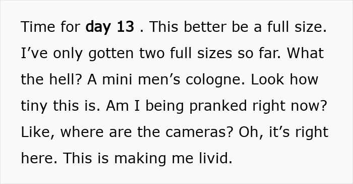 Text showing frustration over day 13 of Dior advent calendar, highlighting tiny mini men's cologne and lack of full-size items. Text showing frustration over day 13 of Dior advent calendar, highlighting tiny mini men's cologne and lack of full-size items.