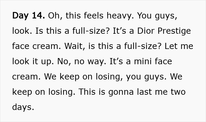 Text explaining disappointment with Dior Advent Calendar face cream, highlighting its mini size and poor value. Text explaining disappointment with Dior Advent Calendar face cream, highlighting its mini size and poor value.