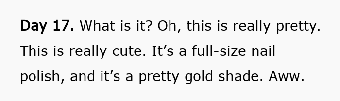 Text describing Day 17 of a Dior advent calendar, featuring a full-size gold shade nail polish gift. Text describing Day 17 of a Dior advent calendar, featuring a full-size gold shade nail polish gift.