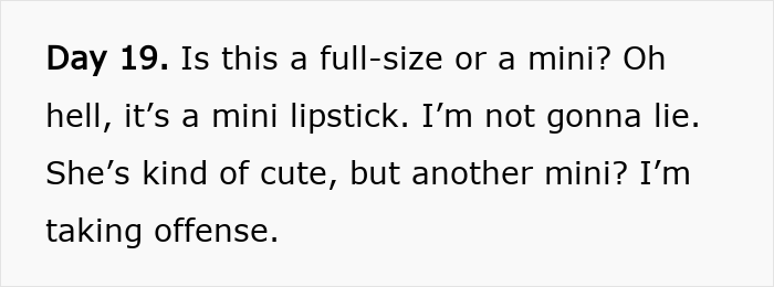 Text highlighting disappointment with a mini lipstick on day 19 of Dior's $1,000 advent calendar. Text highlighting disappointment with a mini lipstick on day 19 of Dior's $1,000 advent calendar.