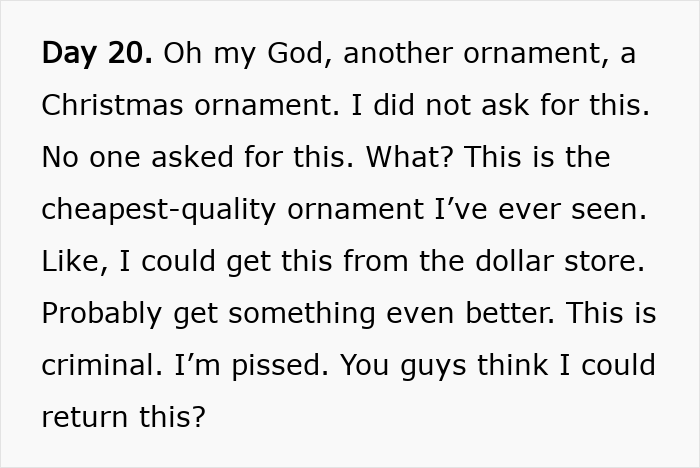 Text excerpt expressing disappointment about a cheap Christmas ornament in a Dior advent calendar priced at $1,000. Text excerpt expressing disappointment about a cheap Christmas ornament in a Dior advent calendar priced at $1,000.