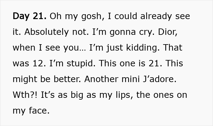 Text message expressing mixed feelings about item number 21 in Dior's $1,000 advent calendar, referencing its size. Text message expressing mixed feelings about item number 21 in Dior's $1,000 advent calendar, referencing its size.