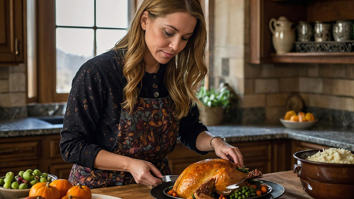 Woman in a floral apron preparing a $50 cooked roast in a rustic kitchen with vegetables and mashed potatoes nearby