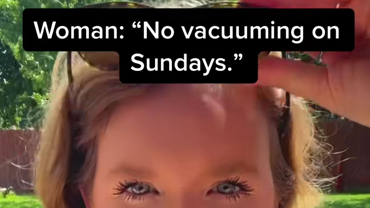 Close-up of a woman outdoors with text about unexpected things in Germany, including no vacuuming on Sundays.