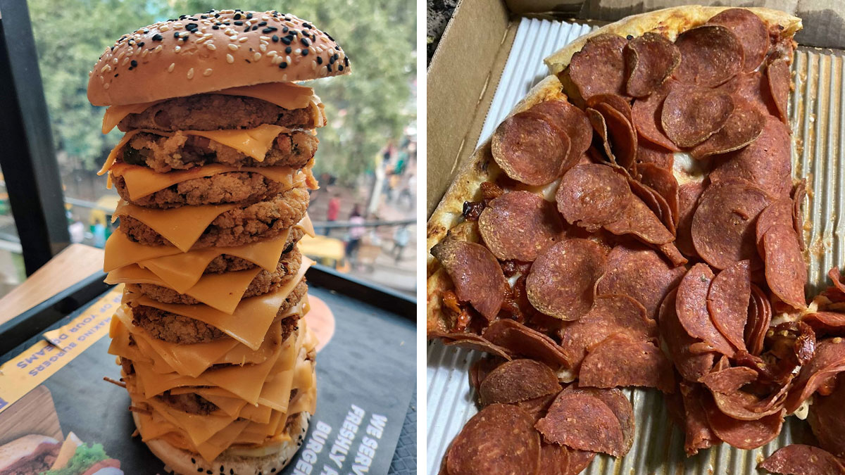 Extreme stacked cheeseburger and overloaded pepperoni pizza slice illustrating funny food complaints.