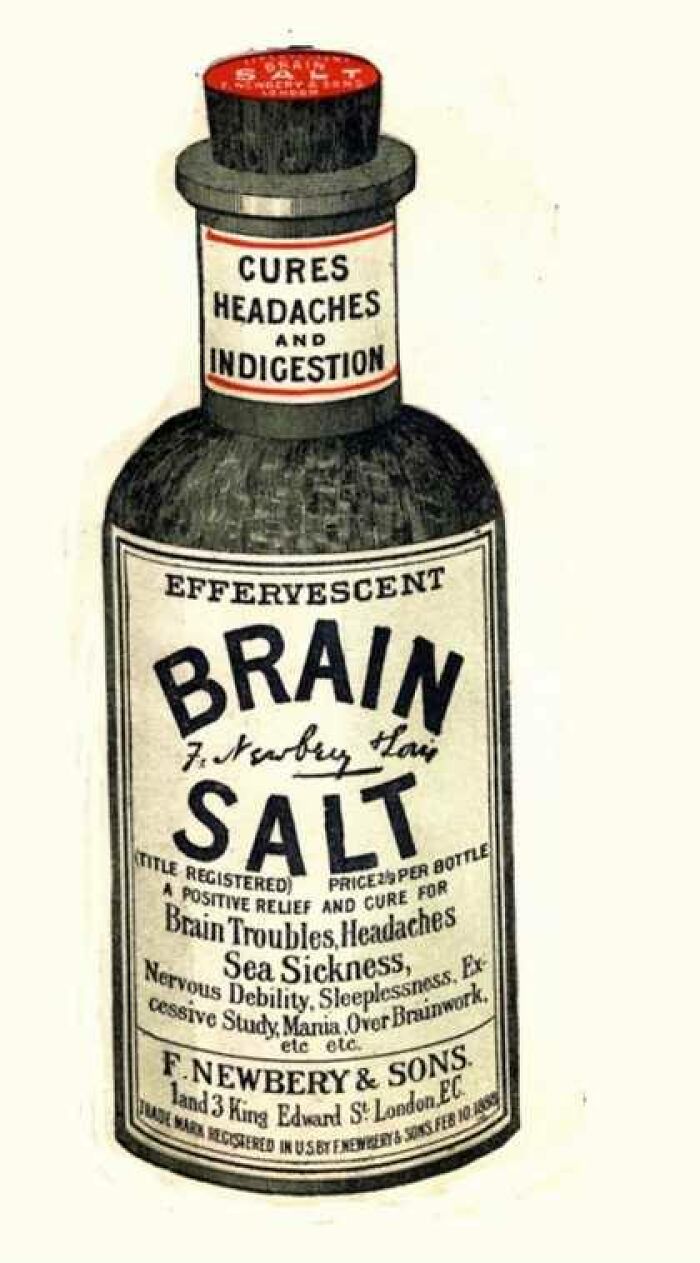 Vintage Victorian-Edwardian pictures of an old brain salt medicine bottle curing headaches and indigestion.