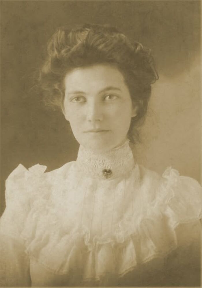Sepia Victorian Edwardian pictures of a woman with styled hair wearing a high lace collar and ruffled dress.