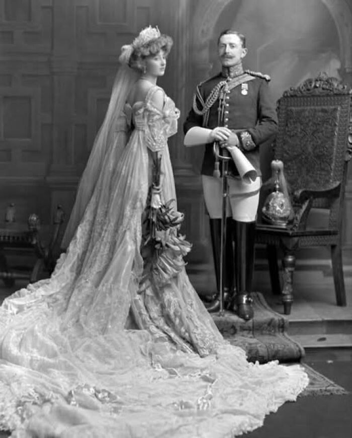 Victorian-Edwardian pictures showing a bride in a lace gown and a groom in military uniform in an ornate setting.