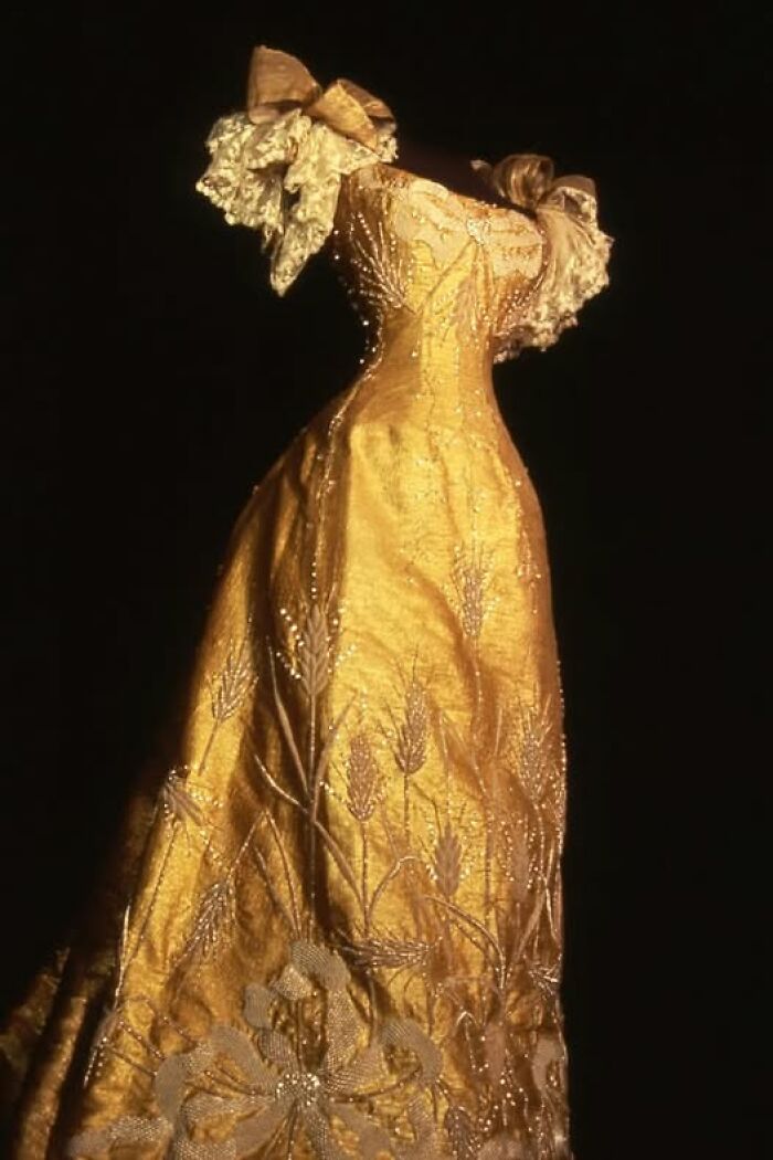 Victorian-Edwardian pictures showing a golden vintage gown with intricate embroidery and lace details on display.