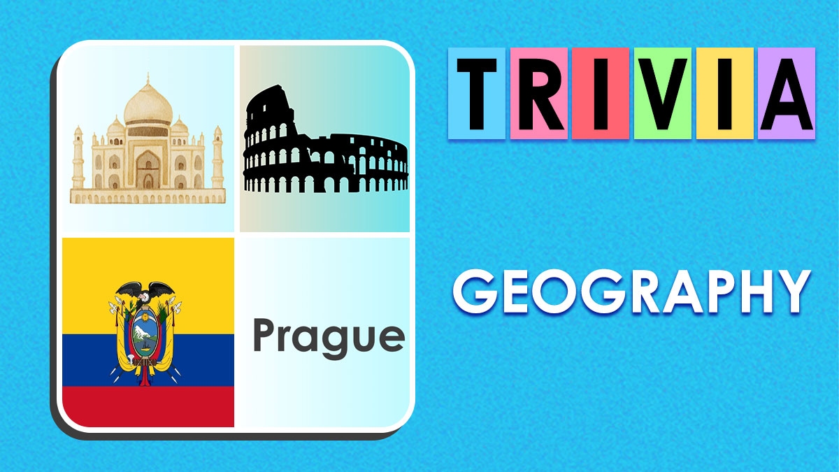 Colorful geography trivia graphic with landmark icons, flag, and city name Prague challenging visual geography skills.