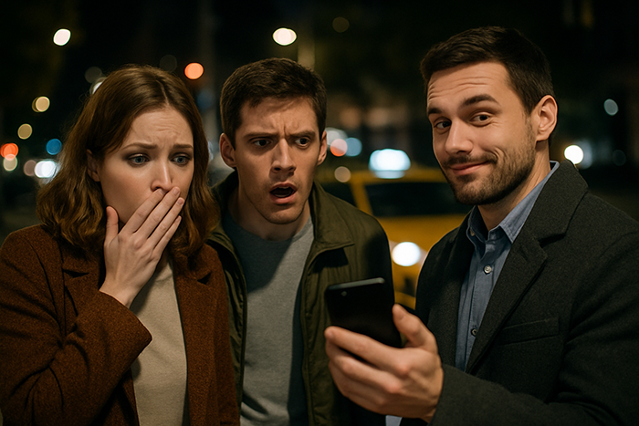 Man happy showing phone to shocked couple at night, capturing moment related to ex wife caught cheating story.