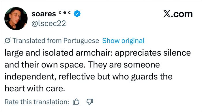 Tweet about the hidden test therapists use to judge patients, describing traits linked to seating choice and personal space.