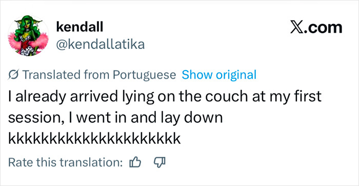 Tweet about lying on the couch at the first therapy session, relating to the hidden test therapists use to judge patients.