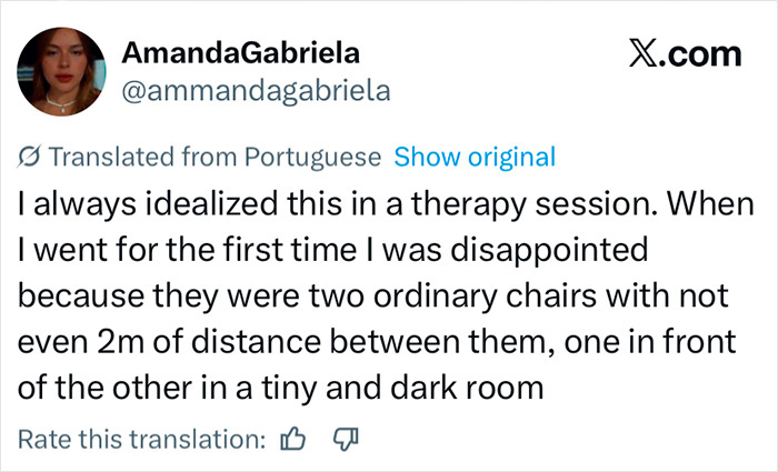 Tweet about first therapy session experience describing ordinary chairs in a small, dark room, hinting at hidden therapist judgment.