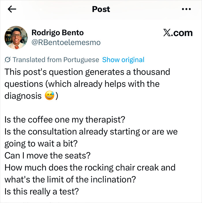 Screenshot of a social media post discussing the hidden test a therapist may use to judge you upon entering the room.