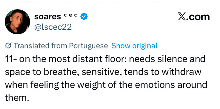 Tweet screenshot showing a translated message about emotional sensitivity relating to the hidden test therapists use to judge you.