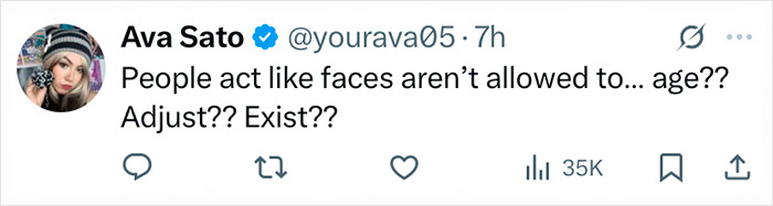 Tweet from Ava Sato questioning societal views on aging and facial changes, relating to Zac Efron's back to normal face trending. Tweet from Ava Sato questioning societal views on aging and facial changes, relating to Zac Efron's back to normal face trending.